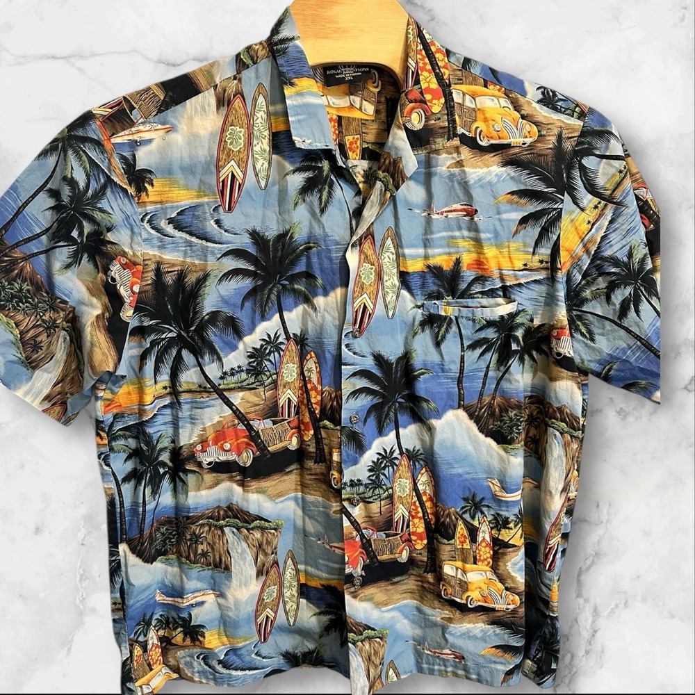 Royal Creations XL Hawaiian Shirt Aloha Sunset Ocean Floral Tropical Palm Trees